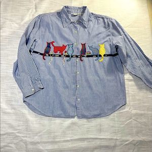 Vintage Cat Shirt Two Twenty Blue Striped Button Down Top
